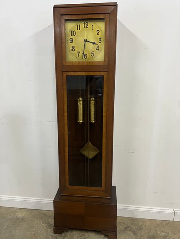 Image for Vintage Art Deco Oak Tall Case Grandfather Clock with Brass Weights & Pendulum