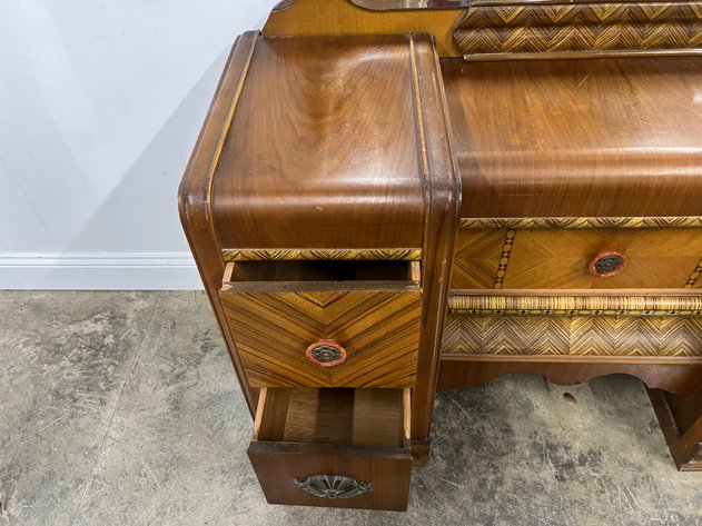 Image for Vintage Art Deco Waterfall Vanity with Beveled Mirror & Decorative Veneer
