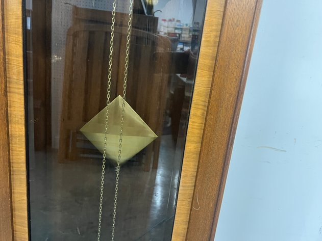 Image for Vintage Art Deco Oak Tall Case Grandfather Clock with Brass Weights & Pendulum