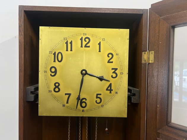 Image for Vintage Art Deco Oak Tall Case Grandfather Clock with Brass Weights & Pendulum
