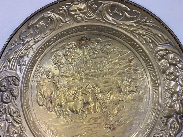 Image for Collection of Vintage Decorative Accessories Including Brass Repousse Wall Plaque, Fireplace Tool Set, University of Florida Button Set, Decorative Walking Cane & More