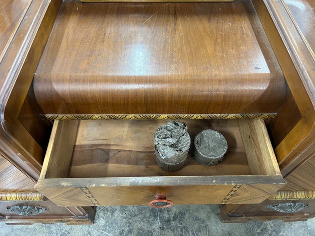 Image for Vintage Art Deco Waterfall Vanity with Beveled Mirror & Decorative Veneer