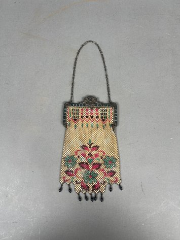 Image for Vintage 1920s Mandalian Manufacturing Co. Enameled Metal Mesh Flapper Purse with Floral Design & Fringe