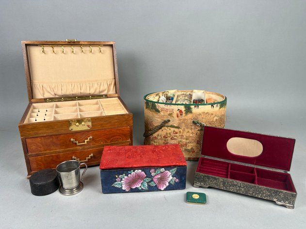 Image for Collection of Vintage Jewelry & Sewing Storage Boxes with Sewing Notions, Razorette & Collapsible Travel Cup