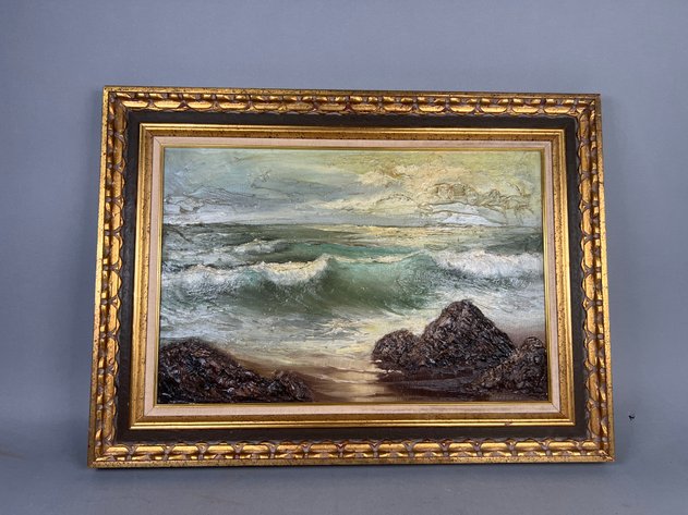 Image for Vintage Signed Coastal Seascape Oil Painting in Ornate Gilt Frame