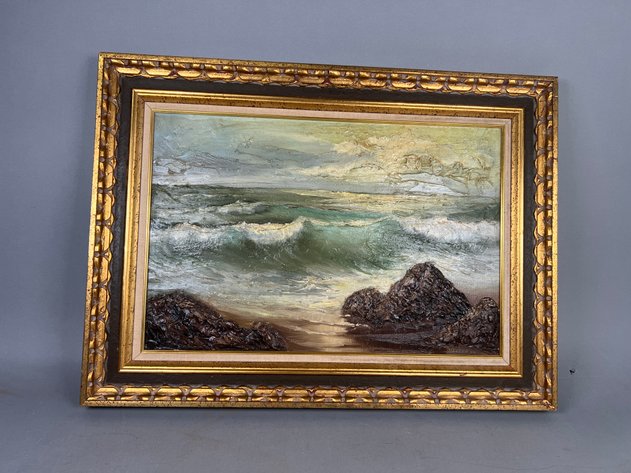 Image for Vintage Signed Coastal Seascape Oil Painting in Ornate Gilt Frame