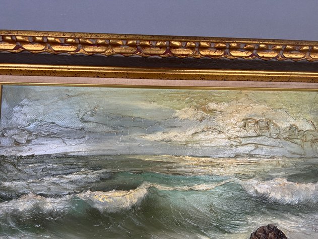 Image for Vintage Signed Coastal Seascape Oil Painting in Ornate Gilt Frame