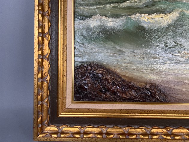 Image for Vintage Signed Coastal Seascape Oil Painting in Ornate Gilt Frame