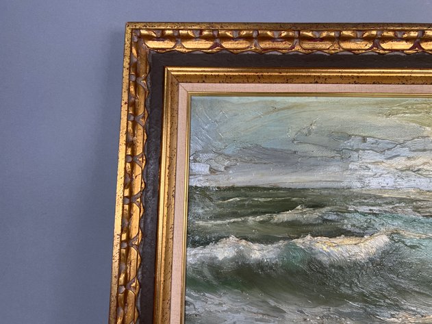 Image for Vintage Signed Coastal Seascape Oil Painting in Ornate Gilt Frame