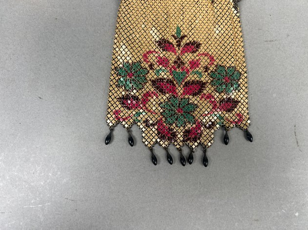 Image for Vintage 1920s Mandalian Manufacturing Co. Enameled Metal Mesh Flapper Purse with Floral Design & Fringe
