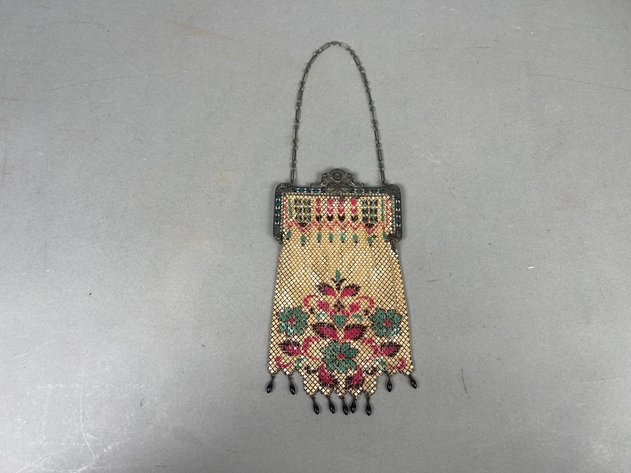 Image for Vintage 1920s Mandalian Manufacturing Co. Enameled Metal Mesh Flapper Purse with Floral Design & Fringe