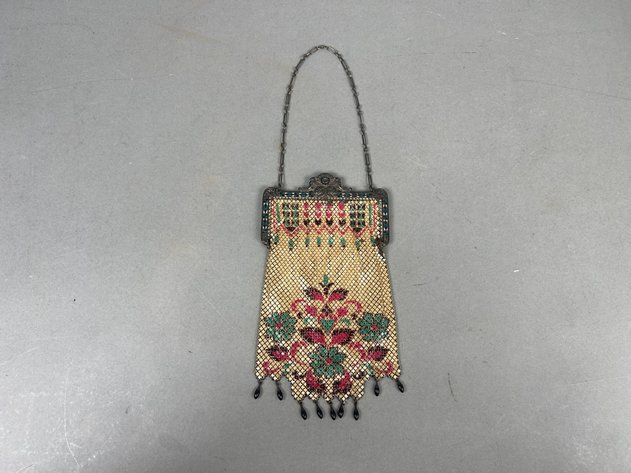 Image for Vintage 1920s Mandalian Manufacturing Co. Enameled Metal Mesh Flapper Purse with Floral Design & Fringe