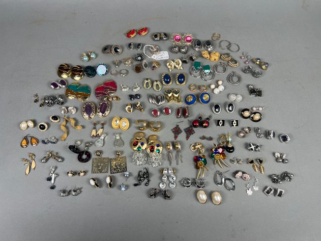 Image for Collection of Vintage & Costume Earrings Including Clip-On, Pierced, Rhinestone, Enamel & More