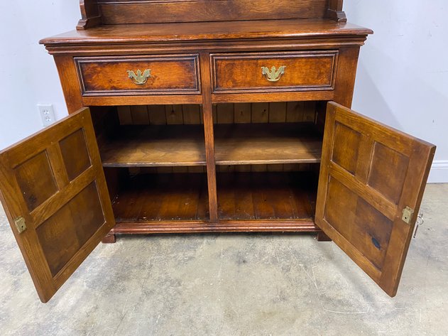 Image for Antique Oak Hutch Cabinet with Open Shelving & Lower Storage