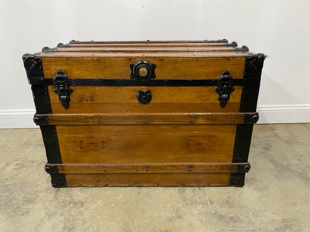 Image for Antique Refurbished Flat Top Steamer Trunk with Lined Interior & Lift Out Tray