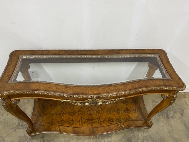 Image for Vintage Traditional Style Sofa Table with Ornate Trim & Glass Inset Top