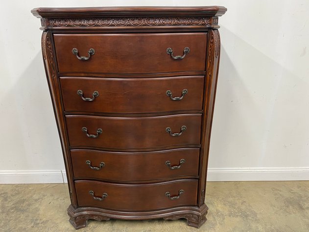 Image for Cortinella Cherry Finish Five Drawer Chest with Carved Trim
