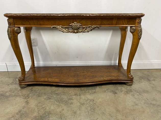Image for Vintage Traditional Style Sofa Table with Ornate Trim & Glass Inset Top