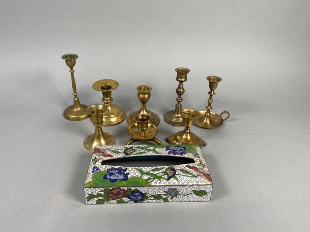 Image for Collection of (8) Assorted Brass Candlesticks with Chinese Cloisonne Tissue Box Cover