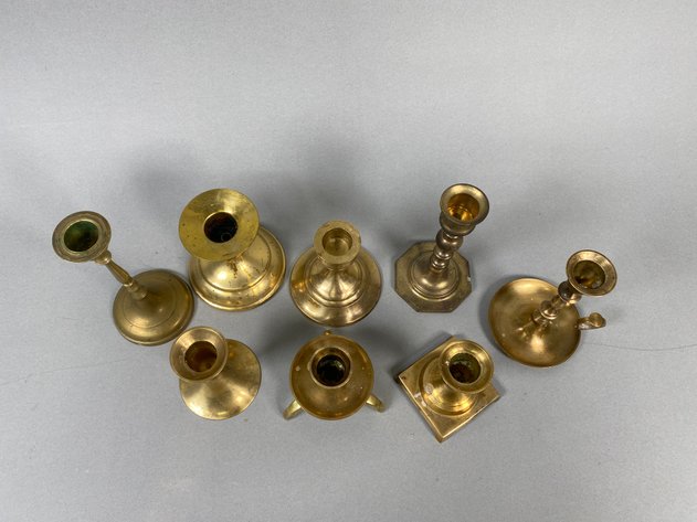 Image for Collection of (8) Assorted Brass Candlesticks with Chinese Cloisonne Tissue Box Cover