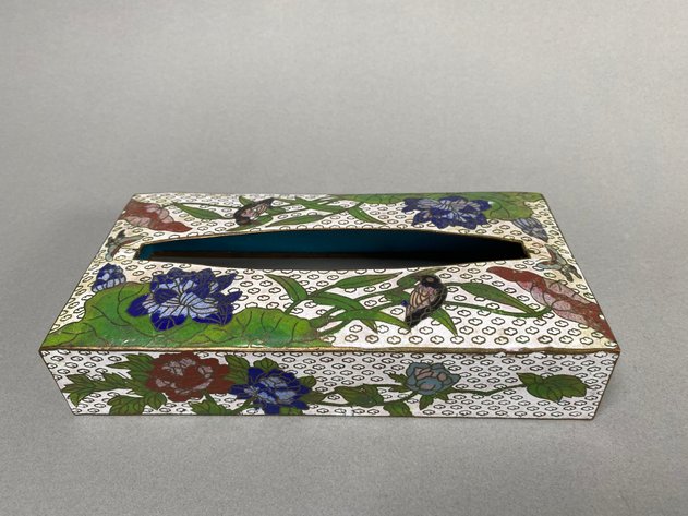 Image for Collection of (8) Assorted Brass Candlesticks with Chinese Cloisonne Tissue Box Cover