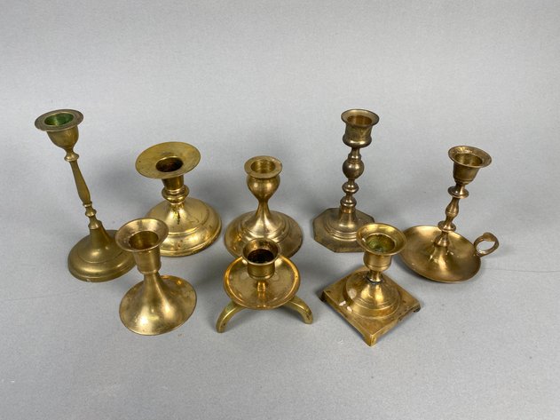 Image for Collection of (8) Assorted Brass Candlesticks with Chinese Cloisonne Tissue Box Cover