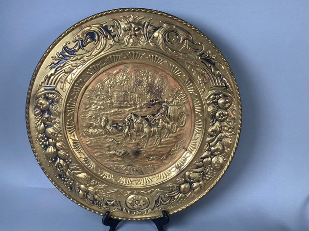 Image for Collection of Vintage Decorative Accessories Including Brass Repousse Wall Plaque, Fireplace Tool Set, University of Florida Button Set, Decorative Walking Cane & More