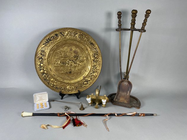 Image for Collection of Vintage Decorative Accessories Including Brass Repousse Wall Plaque, Fireplace Tool Set, University of Florida Button Set, Decorative Walking Cane & More