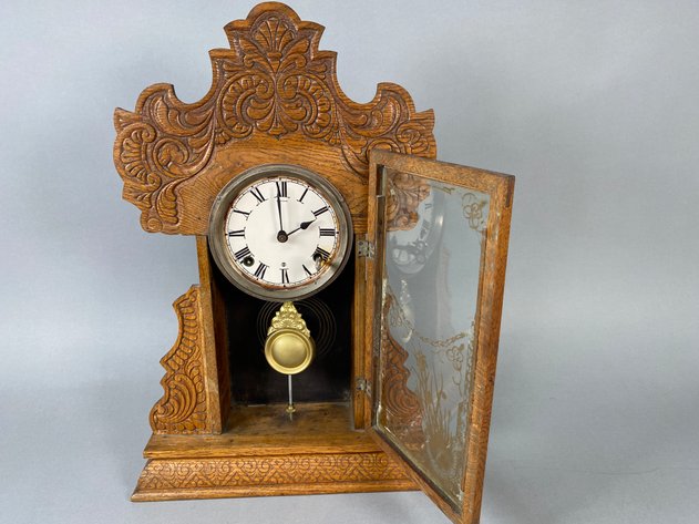 Image for Antique E. Ingraham Pressed Oak Gingerbread Mantle Clock with Reverse-Painted Glass Door