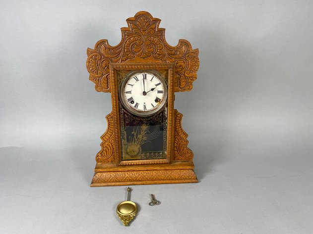 Image for Antique E. Ingraham Pressed Oak Gingerbread Mantle Clock with Reverse-Painted Glass Door