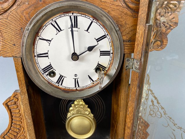 Image for Antique E. Ingraham Pressed Oak Gingerbread Mantle Clock with Reverse-Painted Glass Door