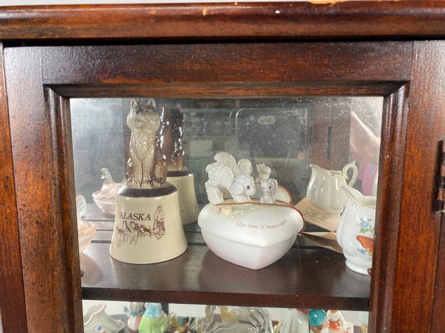 Image for Vintage Curved Glass Tabletop Curio Display Cabinet with Assorted Miniature Figurines & Collectibles