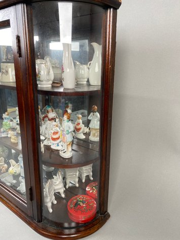Image for Vintage Curved Glass Tabletop Curio Display Cabinet with Assorted Miniature Figurines & Collectibles