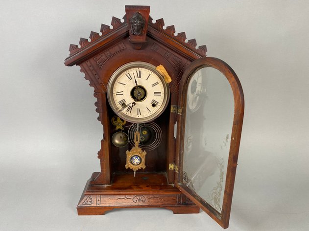 Image for Antique Victorian Walnut Gingerbread Parlor Mantel Clock with Reverse-Painted Glass Door