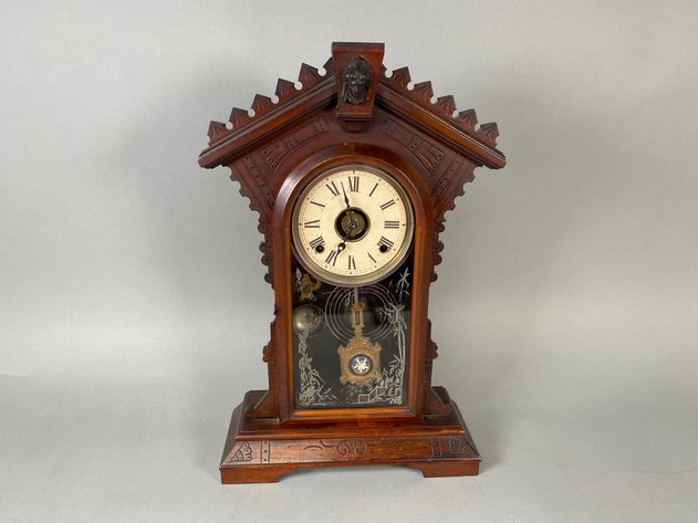 Image for Antique Victorian Walnut Gingerbread Parlor Mantel Clock with Reverse-Painted Glass Door
