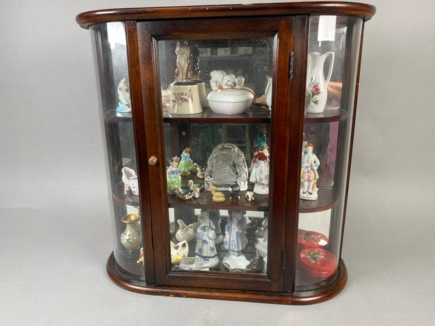 Image for Vintage Curved Glass Tabletop Curio Display Cabinet with Assorted Miniature Figurines & Collectibles