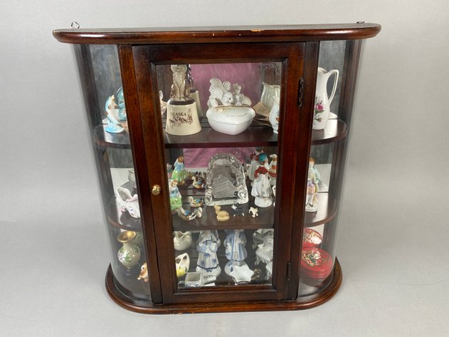 Image for Vintage Curved Glass Tabletop Curio Display Cabinet with Assorted Miniature Figurines & Collectibles