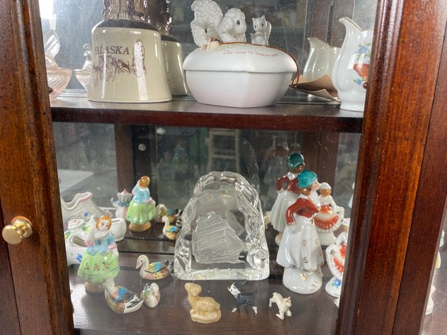 Image for Vintage Curved Glass Tabletop Curio Display Cabinet with Assorted Miniature Figurines & Collectibles