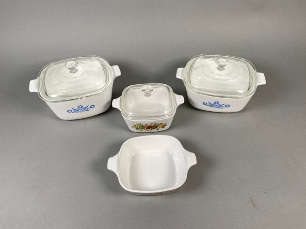 Image for Collection of (4) Vintage Corning Ware Casserole Dishes Including Blue Cornflower & Spice of Life with (3) Glass Lids