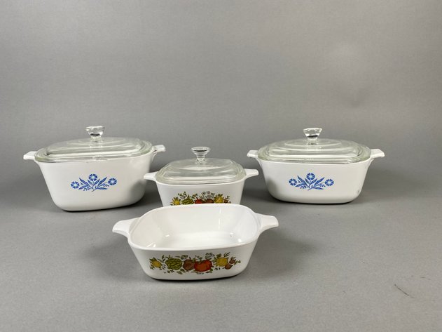 Image for Collection of (4) Vintage Corning Ware Casserole Dishes Including Blue Cornflower & Spice of Life with (3) Glass Lids