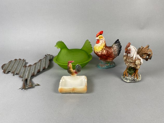 Image for Vintage Indiana Glass Lime Green Hen on Nest, Stewart B. McCulloch Rooster Dish & Assorted Chicken Decor