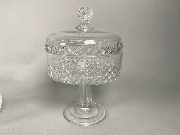 Image for Collection of Vintage Clear Glass Serving Pieces Including Covered Pedestal Compotes, Anchor Hocking Bubble Bowl, Indiana Glass Creamer & More