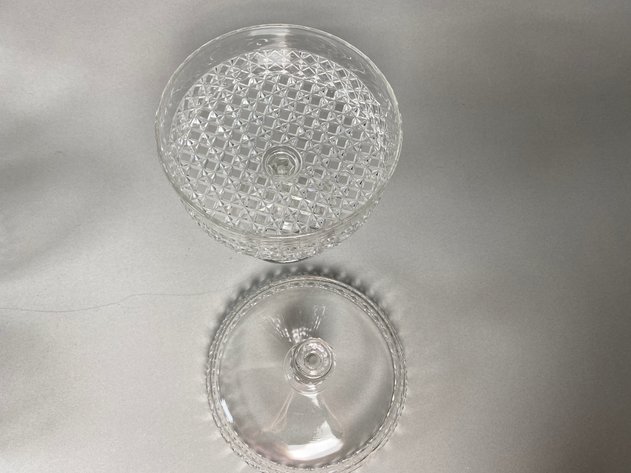 Image for Collection of Vintage Clear Glass Serving Pieces Including Covered Pedestal Compotes, Anchor Hocking Bubble Bowl, Indiana Glass Creamer & More