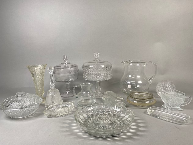 Image for Collection of Vintage Clear Glass Serving Pieces Including Covered Pedestal Compotes, Anchor Hocking Bubble Bowl, Indiana Glass Creamer & More