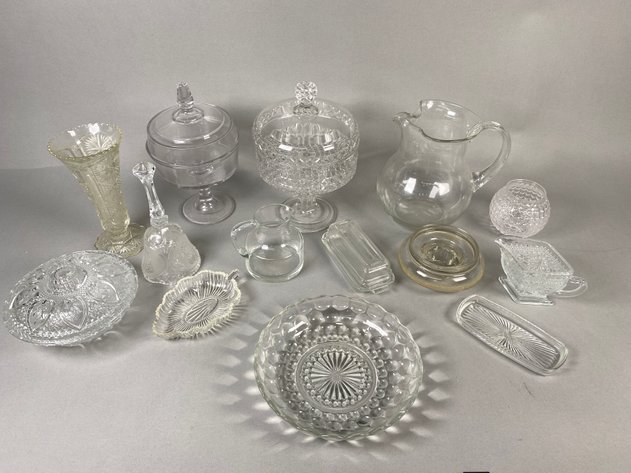 Image for Collection of Vintage Clear Glass Serving Pieces Including Covered Pedestal Compotes, Anchor Hocking Bubble Bowl, Indiana Glass Creamer & More