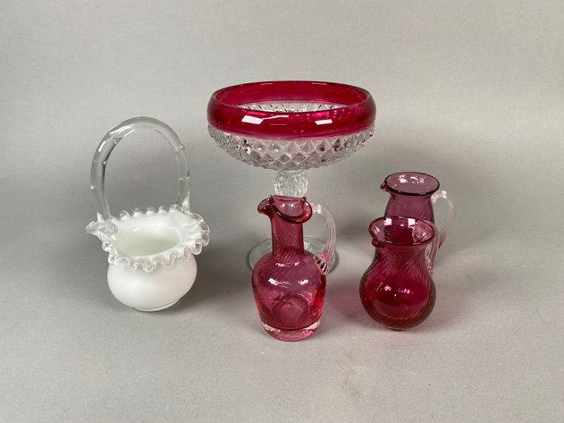 Image for Vintage Fenton Silver Crest Basket, Pilgrim Cranberry Glass Creamers & Indiana Glass Ruby Flash Compote