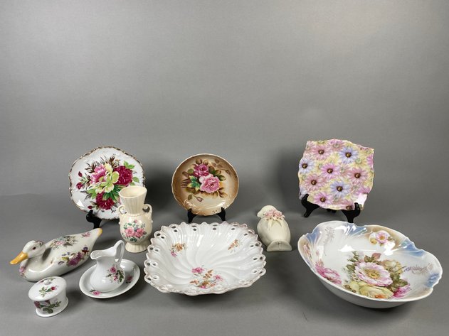 Image for Collection of Vintage Floral China Including Royal Copley Vase, Duck Figurine, Reticulated Bowl & More