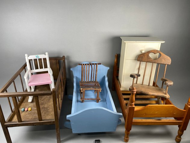 Image for Collection of Vintage Children's Doll Furniture Including Wooden Cradle, Bed, Rocking Chairs & Cabinet