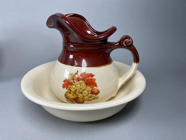 Image for Vintage McCoy Pottery Pitcher & Bowl, Johnson Bros. English Garden Dish, Amber Art Glass Bud & Collector Plates