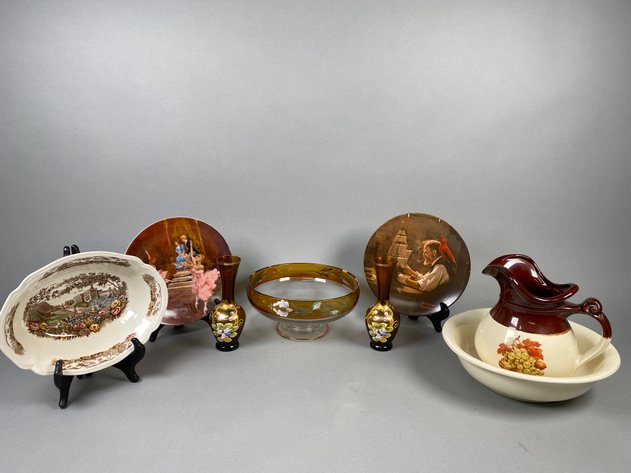Image for Vintage McCoy Pottery Pitcher & Bowl, Johnson Bros. English Garden Dish, Amber Art Glass Bud & Collector Plates